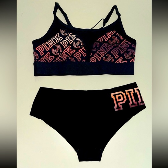 Pink Logo Black Sports Bra and Brief Set - Picture 1 of 3